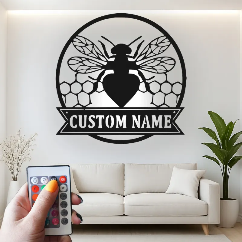 Décoration murale en métal LED personnalisée avec abeille - Cadeau pour apiculteurs, décoration de cuisine ou de jardin