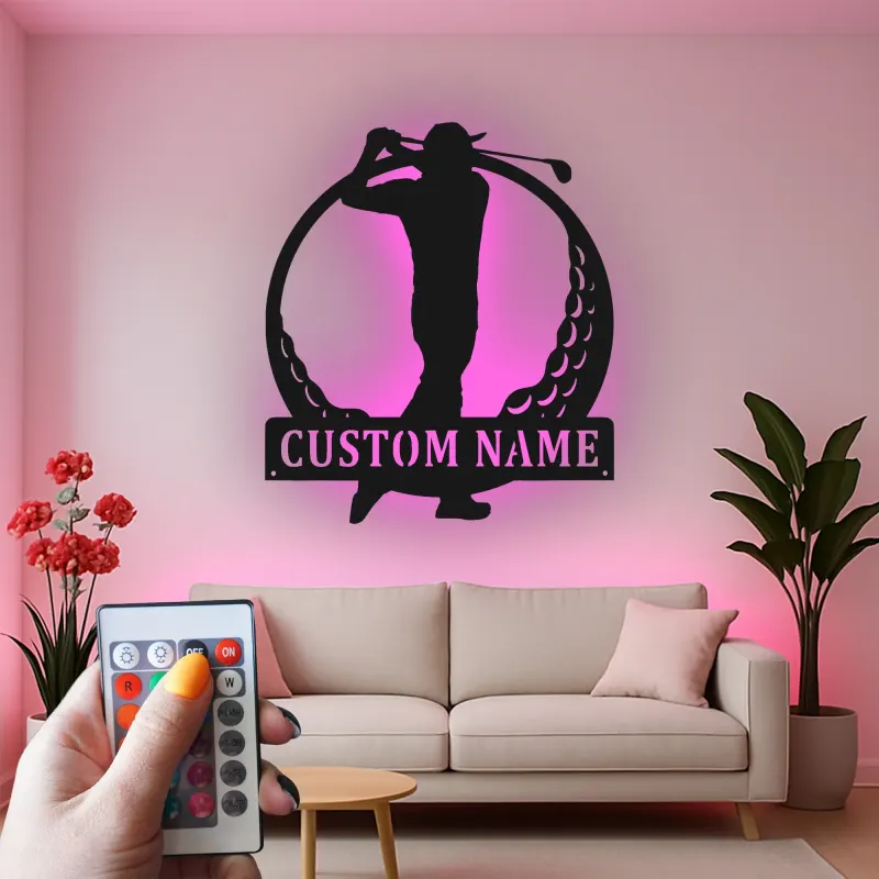 Insegna in metallo personalizzata per golfista con LED | Targa nome golf su misura | Decorazione murale per home bar e regalo per papà