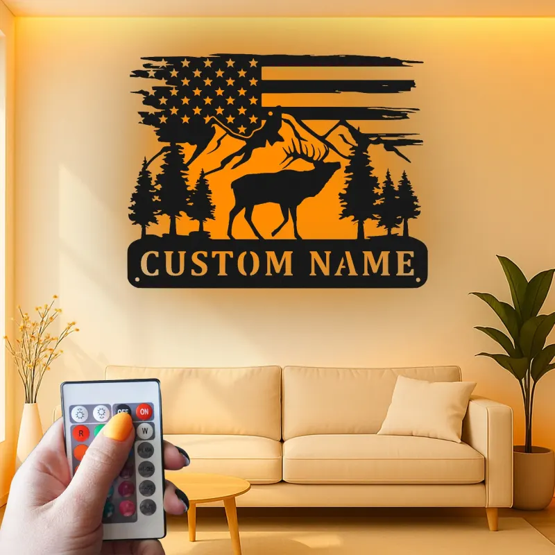 Cartel de metal LED personalizado de ciervo y montaña, regalo para entusiastas del aire libre, decoración de cabaña rústica