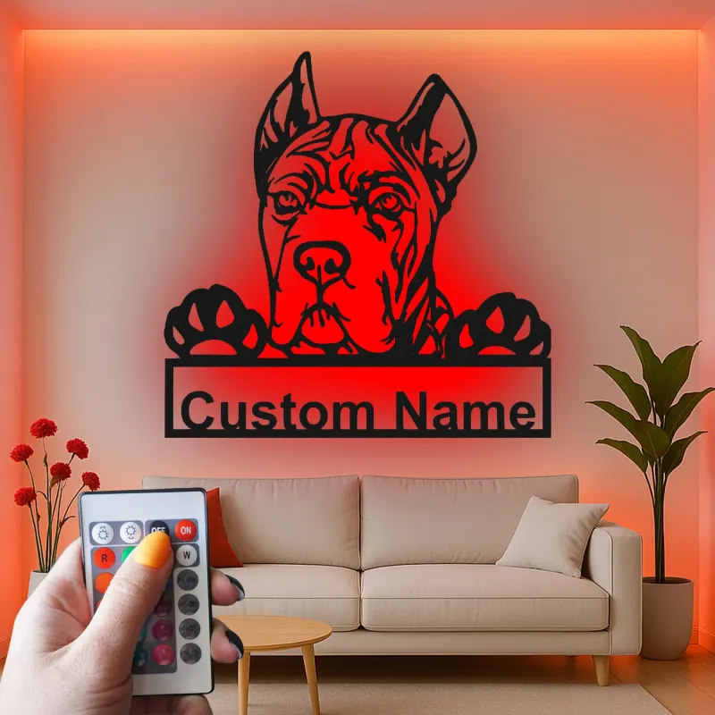 Décoration murale en métal personnalisée avec chien Boxer et rétroéclairage LED - Cadeau pour les amoureux des animaux, décoration pour salon ou espace pour animaux
