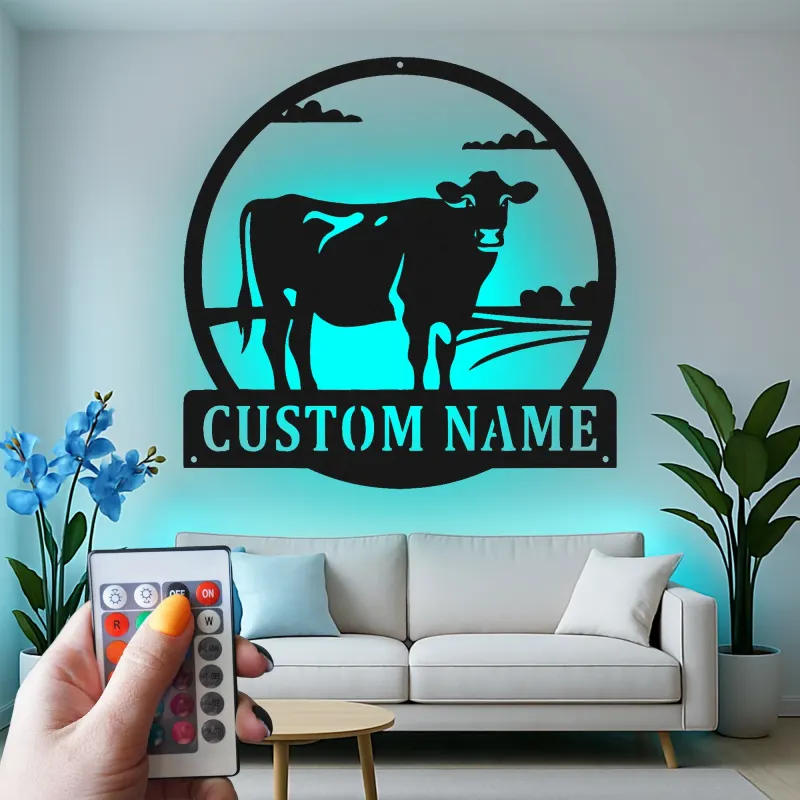 Décoration murale en métal LED personnalisée de vache - Cadeau de ferme rustique - Décor de grange pour amoureux des animaux