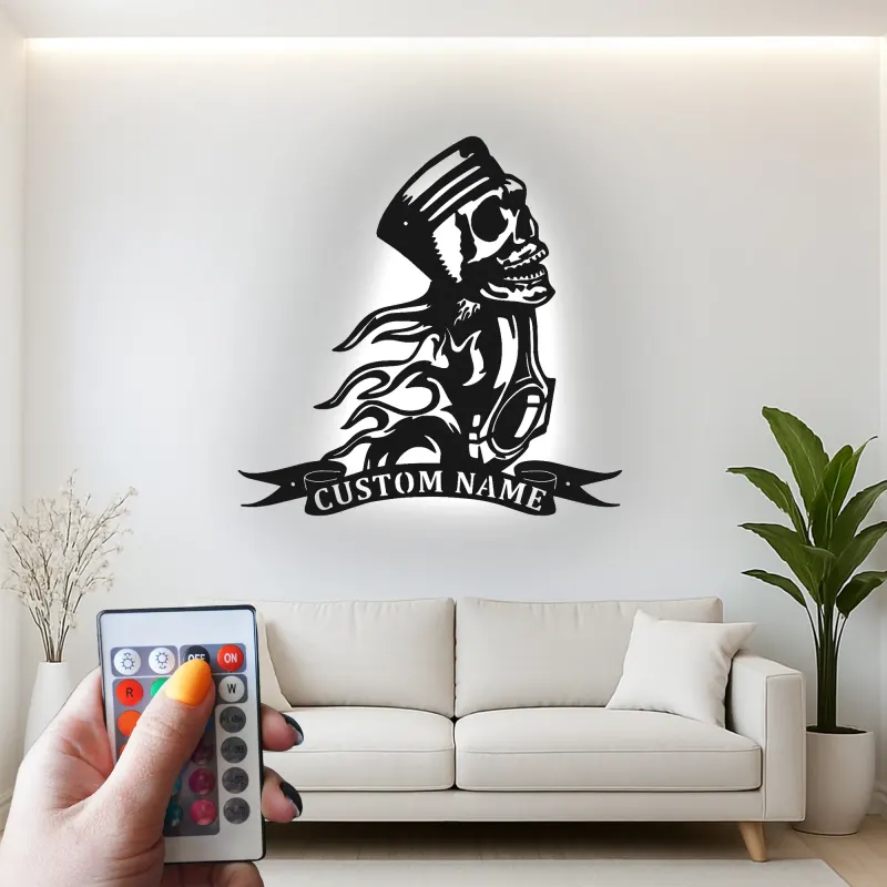 Cartel de metal personalizado con calavera de motocicleta | Señal de garaje de motorista con LED | Decoración de hombre de cueva con llamas de pistón