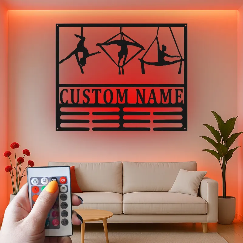 Insegna in metallo personalizzata con silhouette aerea e luce LED - Regalo per ginnasti, decorazione per studio o casa