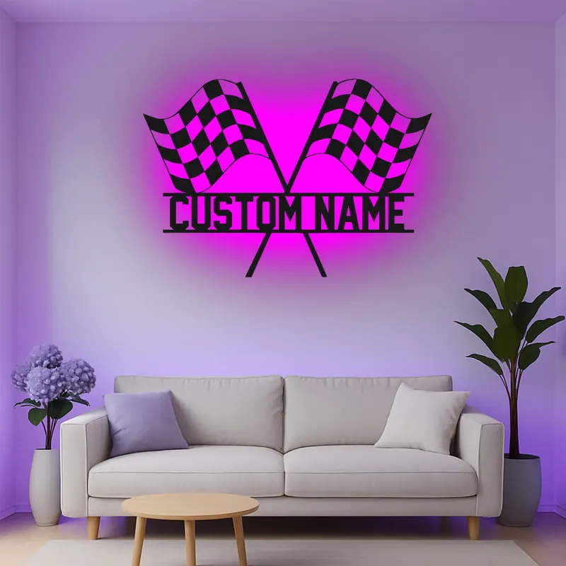 Cartel de metal LED personalizado de banderas de carreras - Regalo para entusiastas de los coches - Decoración para garajes o man caves 2