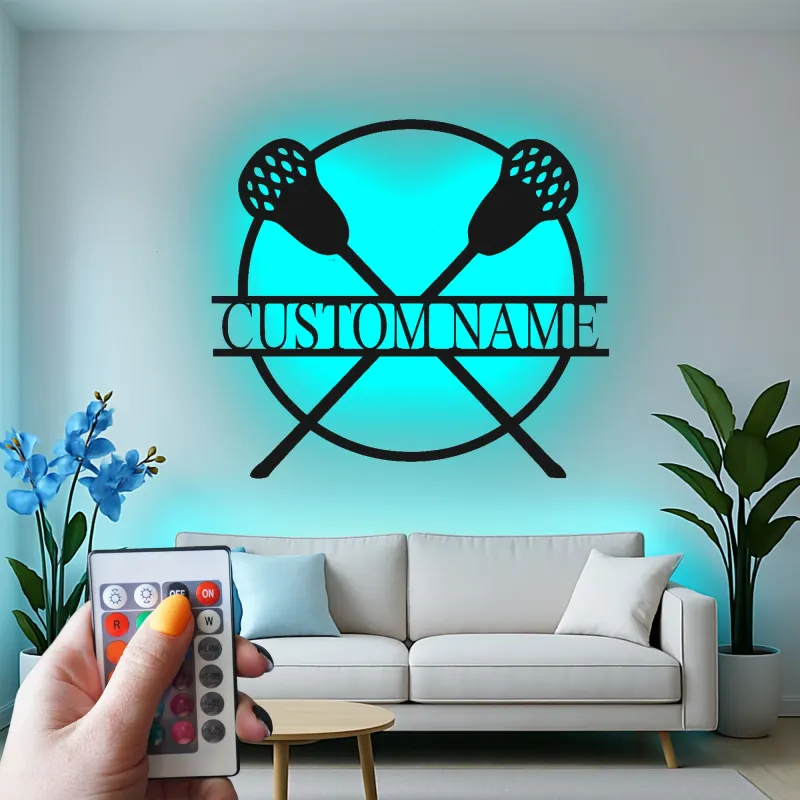 Custom Lacrosse Sticks Led Light Metal Wall Art Personalized Gift for Lacrosse Players Game Room Sports Decor