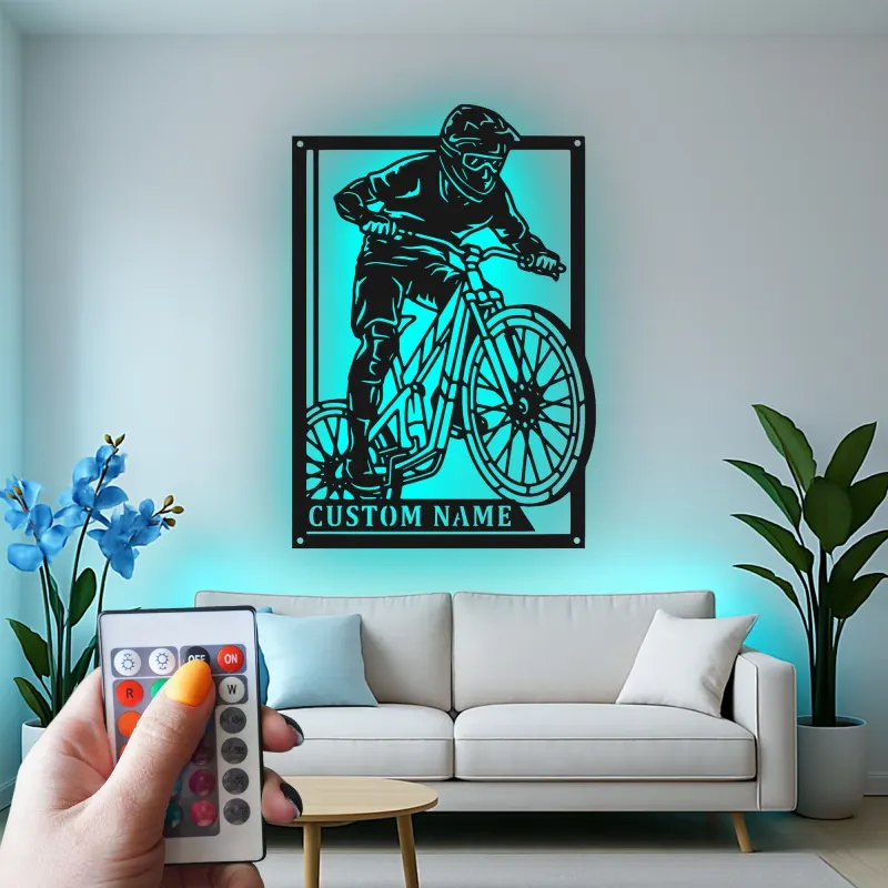 Personalized Mountain Biker LED Sign | Custom Metal Wall Art for Cyclist | Extreme Sports Decor Gift