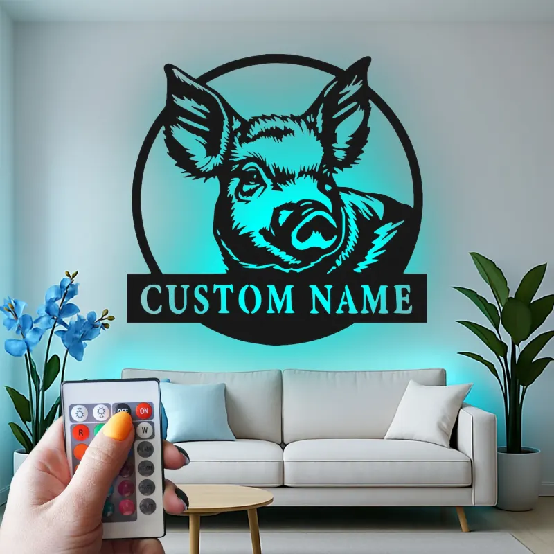 Cartel LED de retrato de cerdo personalizado | Decoración de granja personalizada | Arte mural de metal rústico para granero o hogar de campo moderno