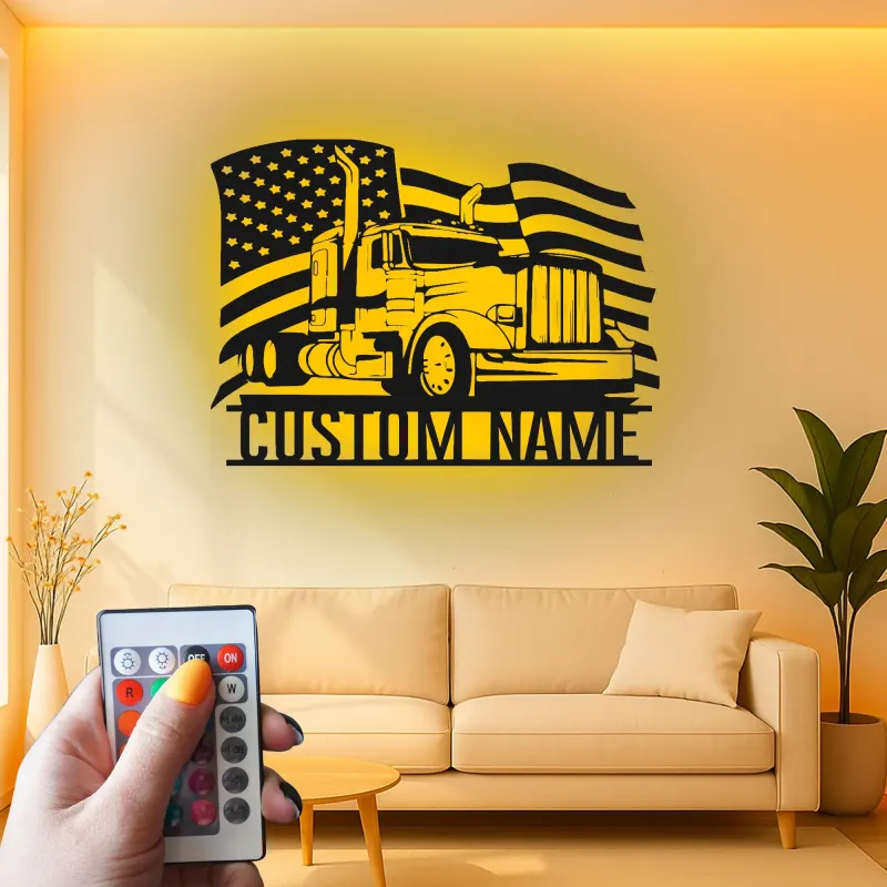 Panneau Trucker Personnalisé | Art Murale Métal Drapeau Américain LED | Cadeau Personnalisé pour Conducteur de Camion Semi | Décor Man Cave