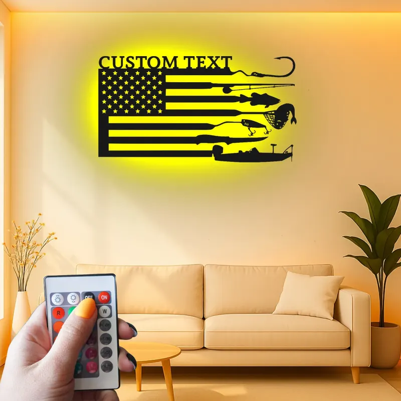 Panneau LED drapeau de pêche sur mesure | Décoration murale en métal personnalisée | Cadeau patriotique pour pêcheur | Déco maison de lac