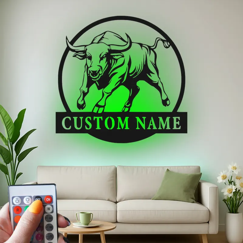 Décoration murale en métal personnalisée avec éclairage LED de taureau - Cadeau pour éleveurs - Décor de ferme rustique 1