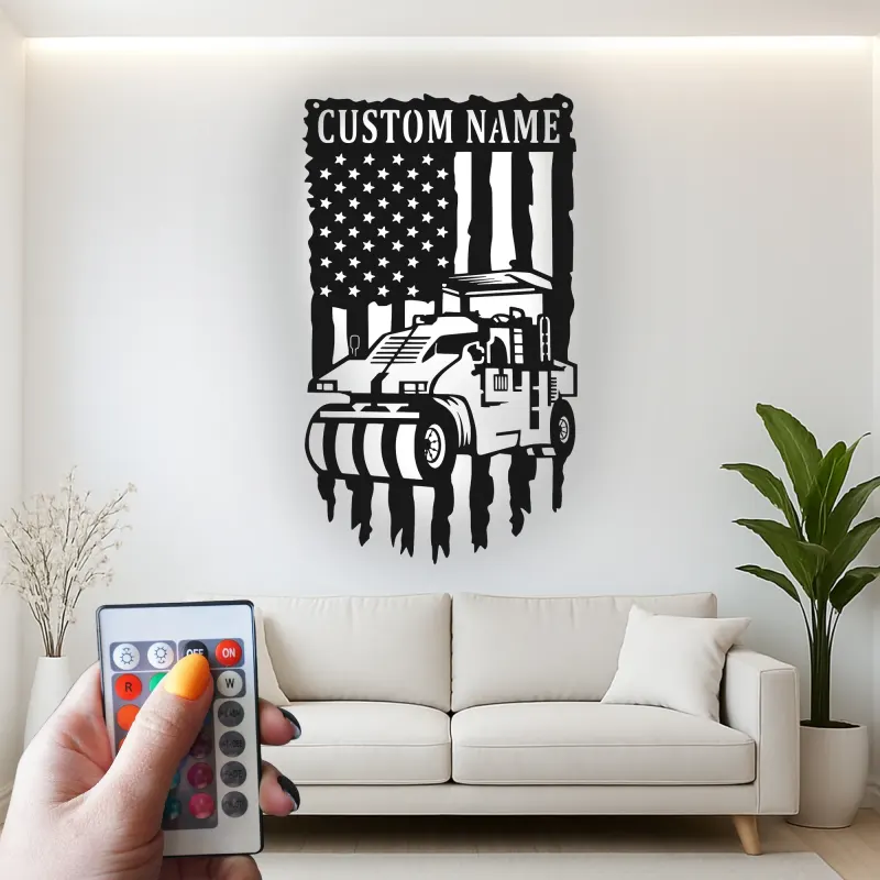 Road Roller Metal Wall Art | Personalized Construction LED Sign | American Flag Heavy Equipment Decor for Office or Garage