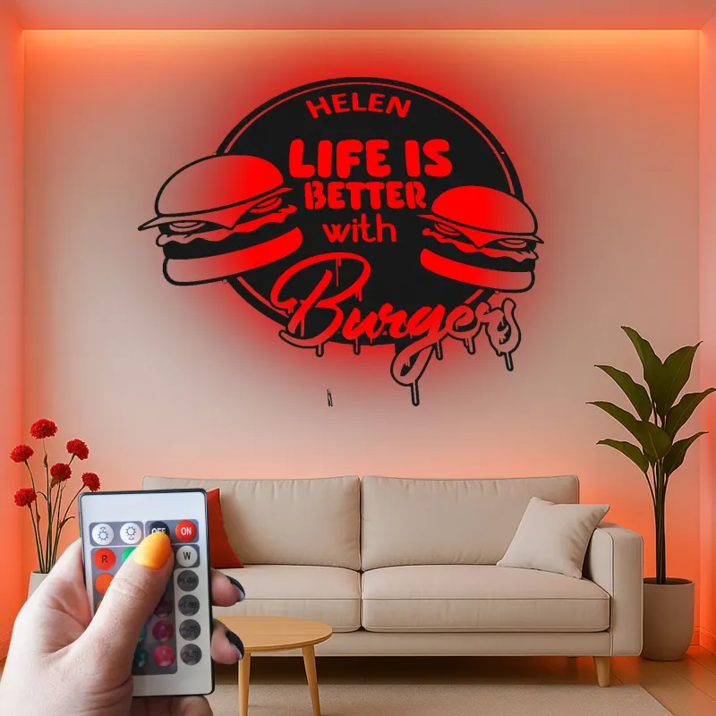 Insegna in metallo personalizzata con luce LED per amanti degli hamburger, regalo divertente per la cucina, decorazione per sala da pranzo