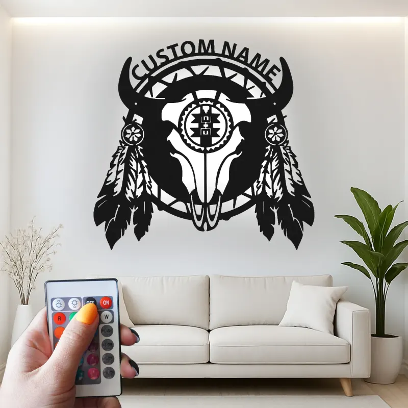 Cartel de metal LED personalizado de cráneo de búfalo, regalo occidental rústico para decoración del hogar en el salón