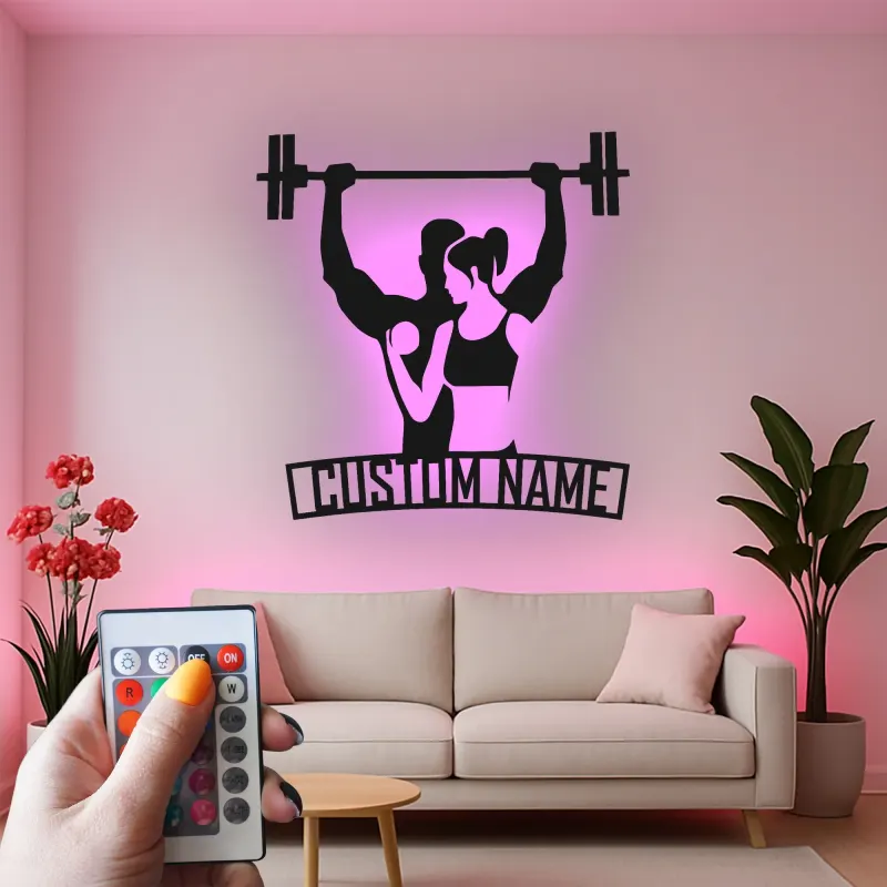 Panneau en métal personnalisé pour couple sportif | Décor LED personnalisé pour salle de sport à la maison | Décoration murale fitness, cadeau pour couple