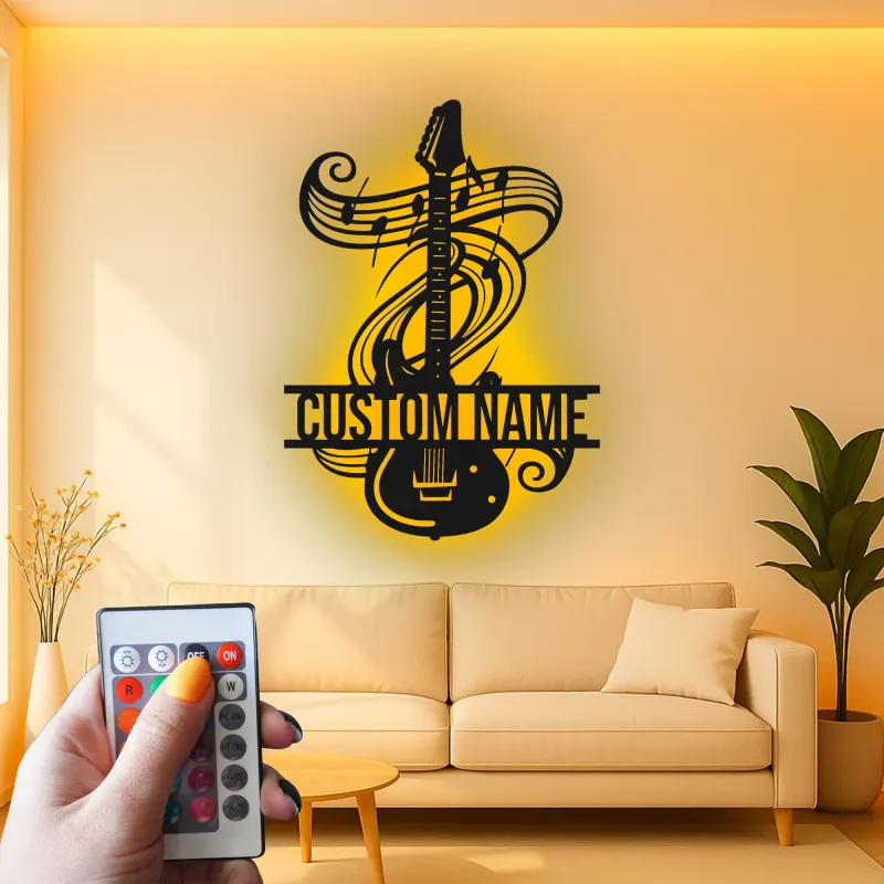 Personalized Guitar LED Sign | Custom Metal Wall Art for Music Studio | Musician Name Plaque with Music Notes