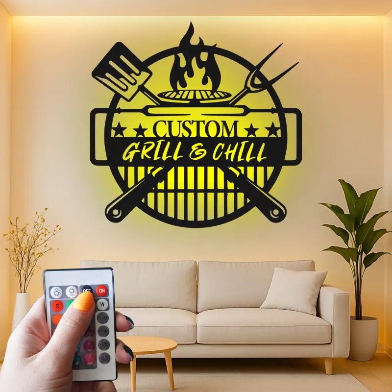 Custom Grill & Chill LED Metal Sign | BBQ Patio Wall Decor | Outdoor Kitchen Art | Personalized Gift for Grill Master Dad