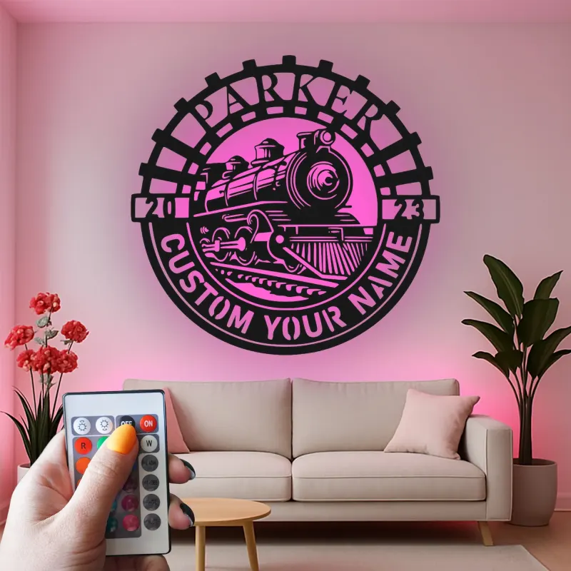 Personalisierte LED-Beleuchtung Metall-Wandkunst mit Zuglok – Geschenk für Zugliebhaber, Dekoration für das Kinderzimmer