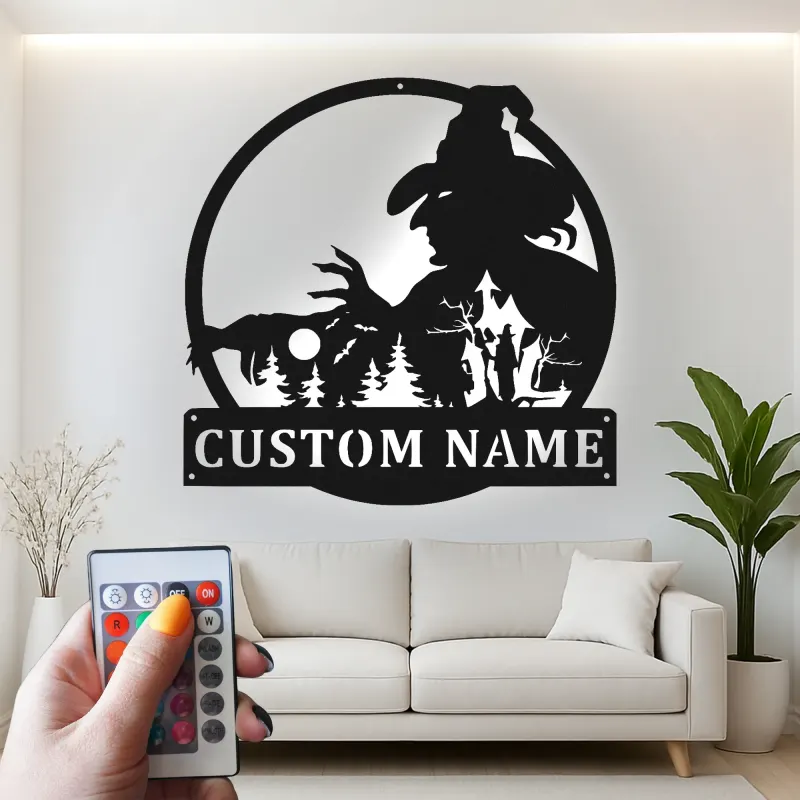 Cartel de metal personalizado con escena de bosque de brujas y luz LED Regalo único de Halloween Decoración espeluznante para el hogar