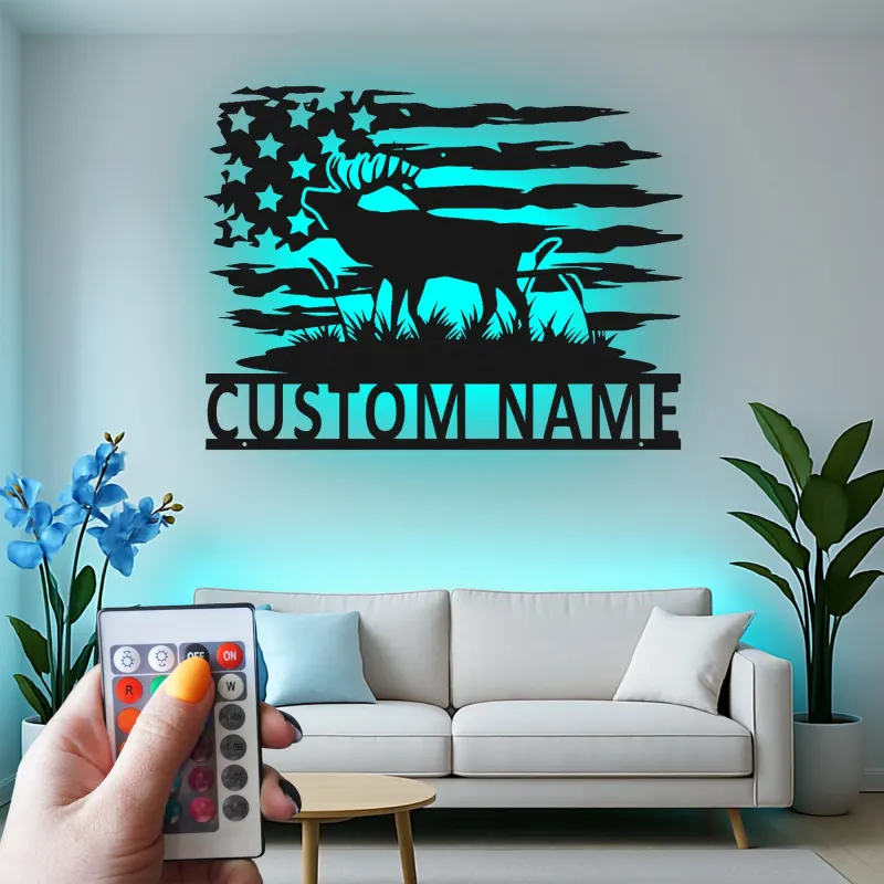 Panneau en métal de moose personnalisé | Art mural lumineux du drapeau américain | Décor de chalet rustique | Cadeau personnalisé pour chasseur