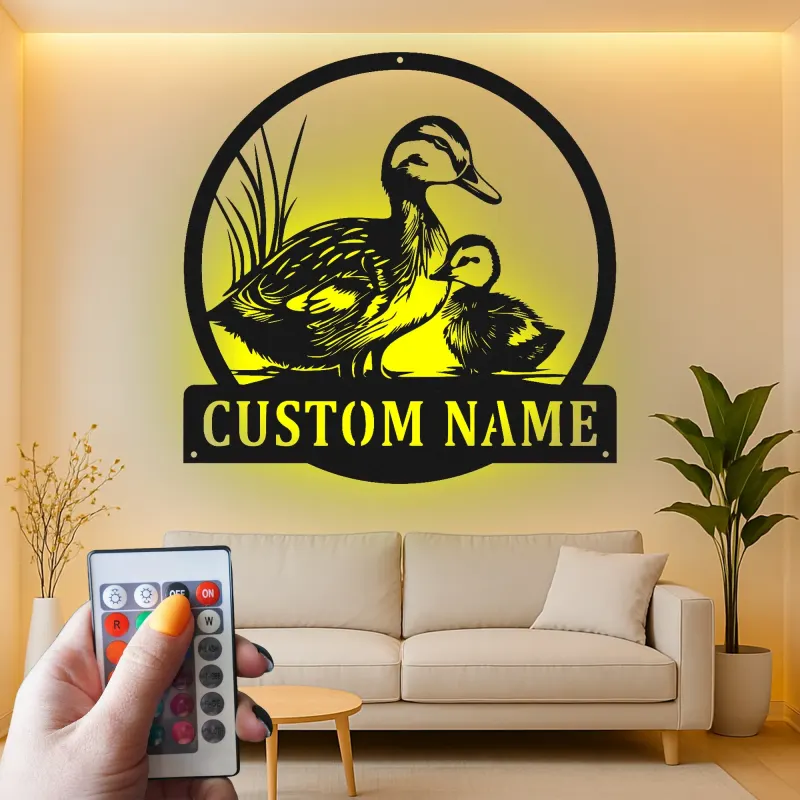 Custom Duck Family Led Light Metal Wall Art Personalized Nature Lover Gift Living Room Wildlife Decor