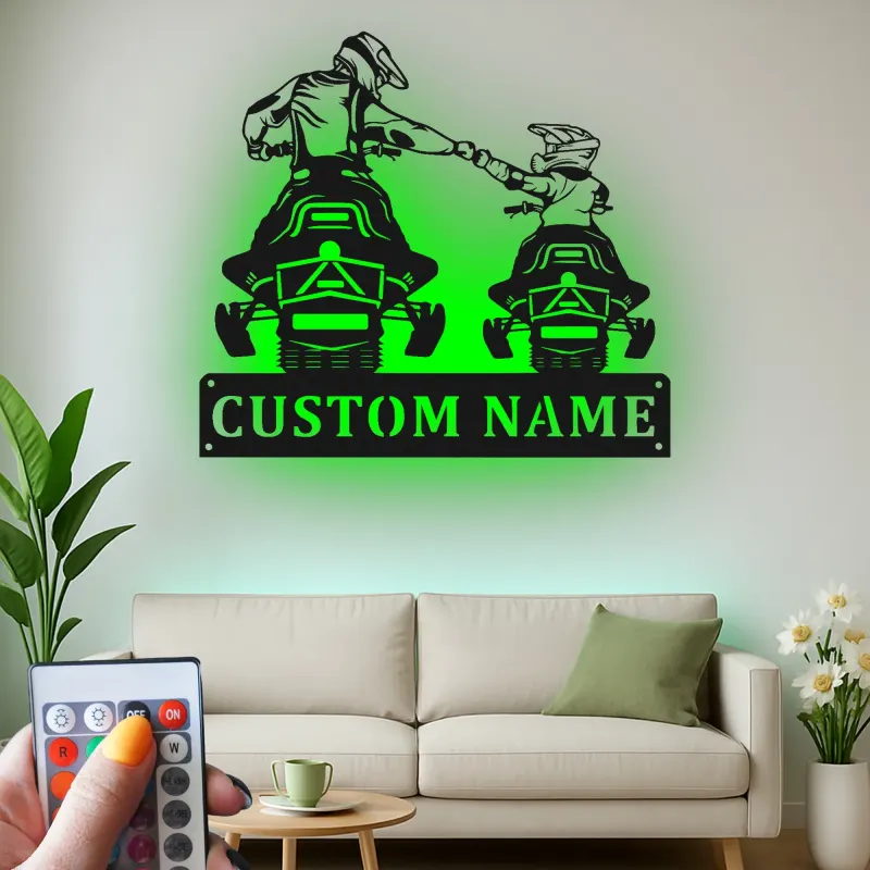 Arte de Metal de Motociclismo Padre e Hijo | Cartel Personalizado LED para Papá | Decoración de Silueta de Rider Personalizada