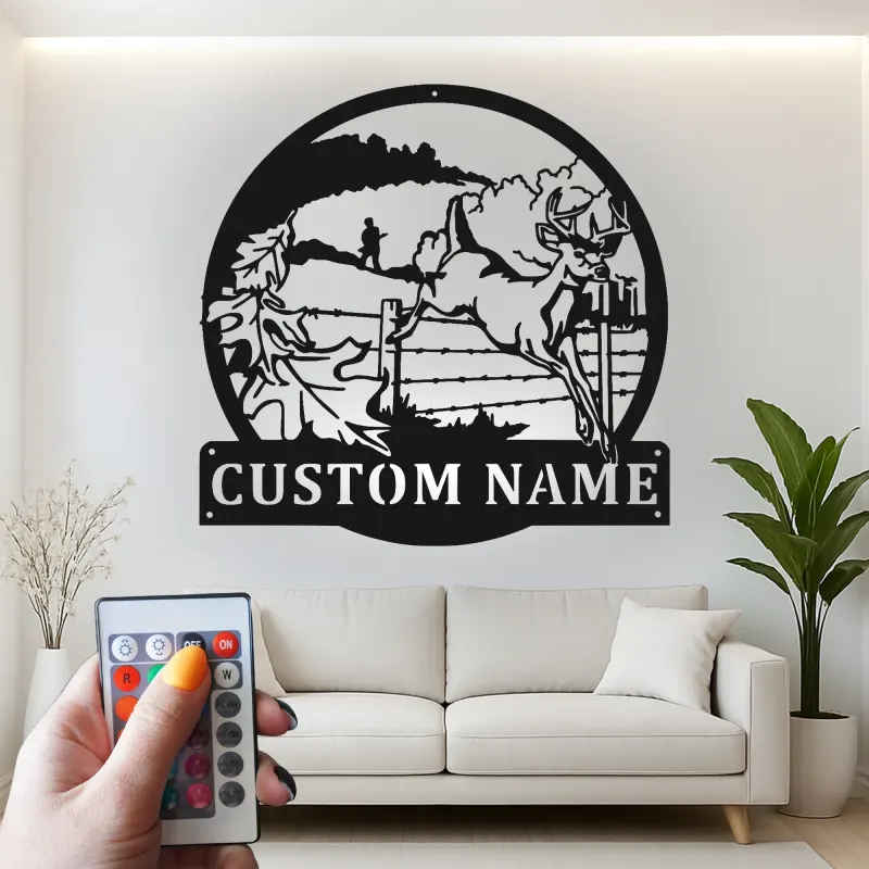 Décoration murale en métal personnalisée pour chasseur de cerfs avec rétroéclairage LED - Cadeau personnalisé pour chasseurs - Décor de cabane rustique 2