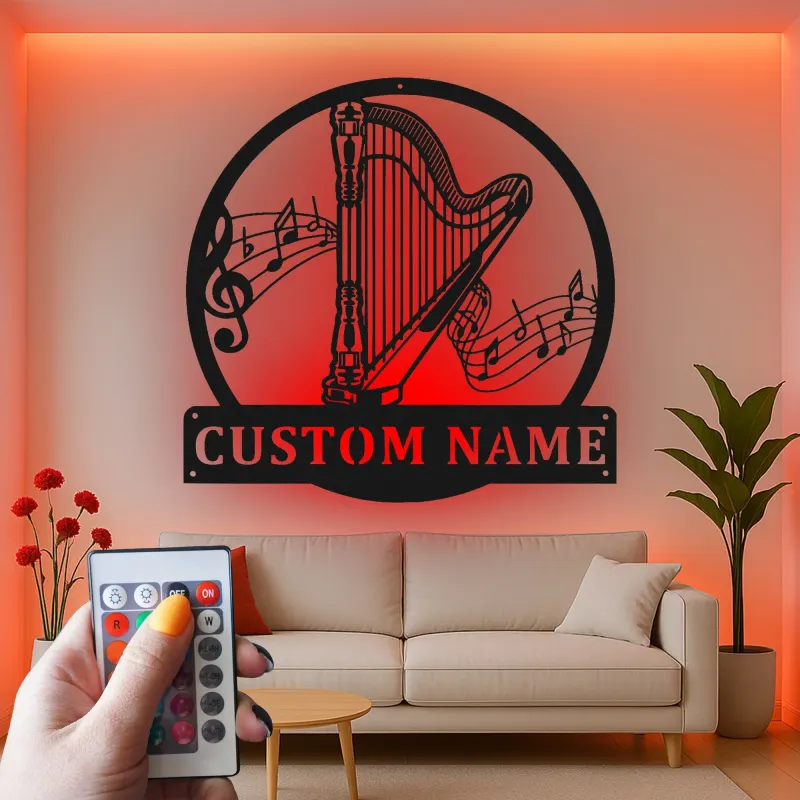 Custom Harp LED Metal Sign | Personalized Musician Wall Art | Music Room Decor & Instrument Studio Gift | Luminous Wall Hanging
