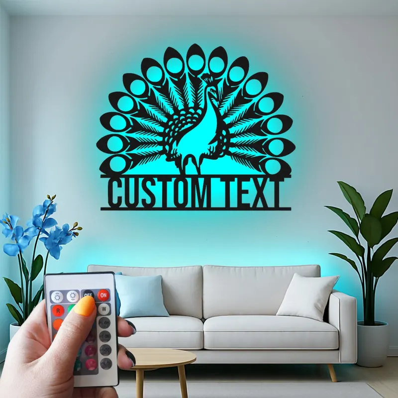 Cartel de metal personalizado con luz LED de pavo real, regalo para decoración del hogar, acento para salón o dormitorio