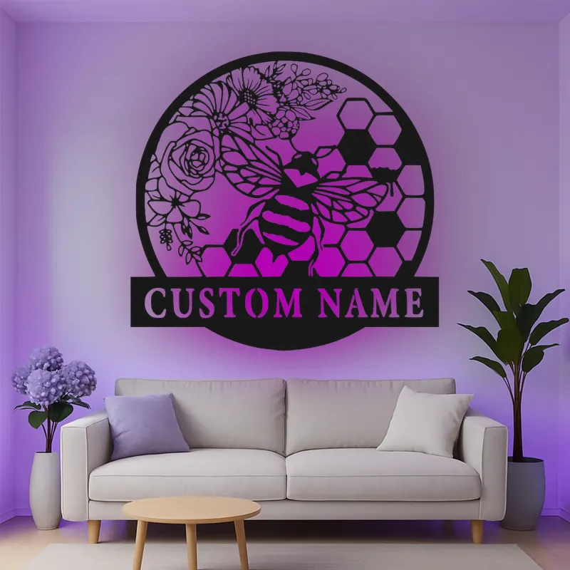 Custom Bee and Flowers Led Light Metal Wall Art Personalized Gift for Nature Lovers Garden or Living Room Decor