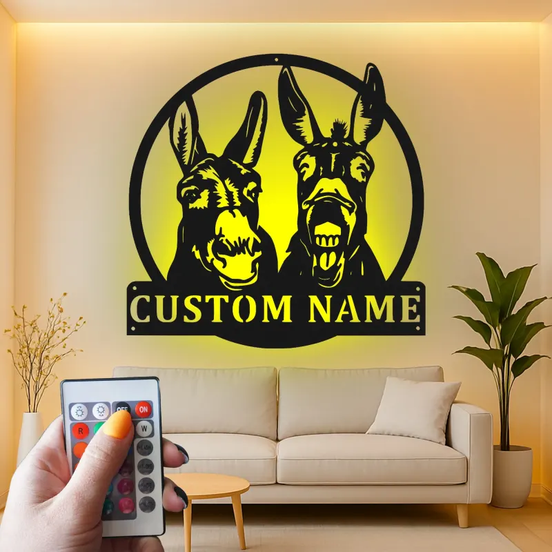 Cartel de metal LED personalizado de dúo de burros, regalo de granja, decoración para el granero o el salón
