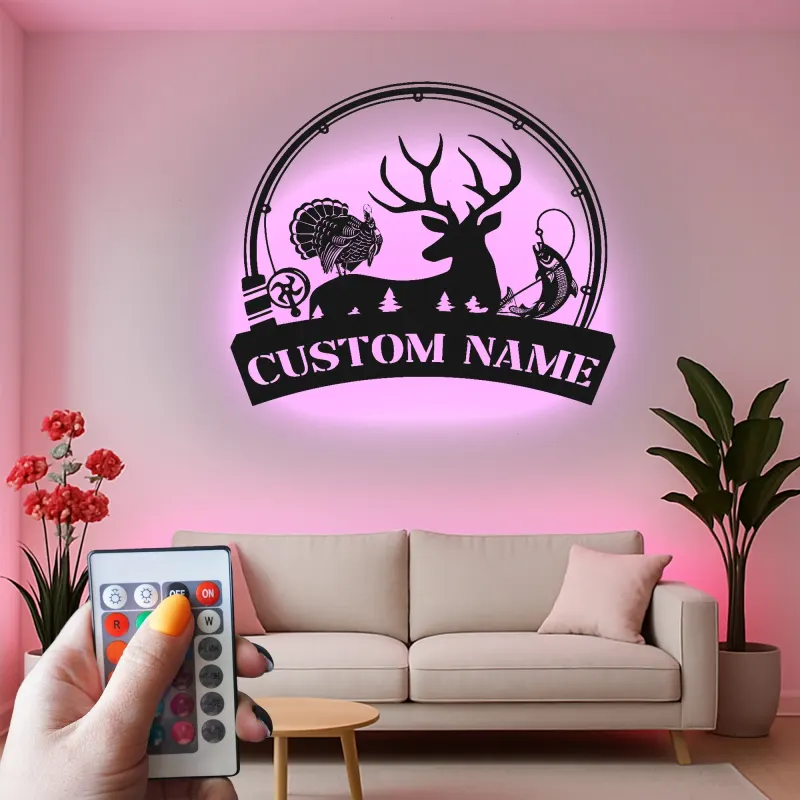 Insegna in metallo LED personalizzata per caccia e pesca, regalo per amanti dell'outdoor, decorazione per baita o man cave