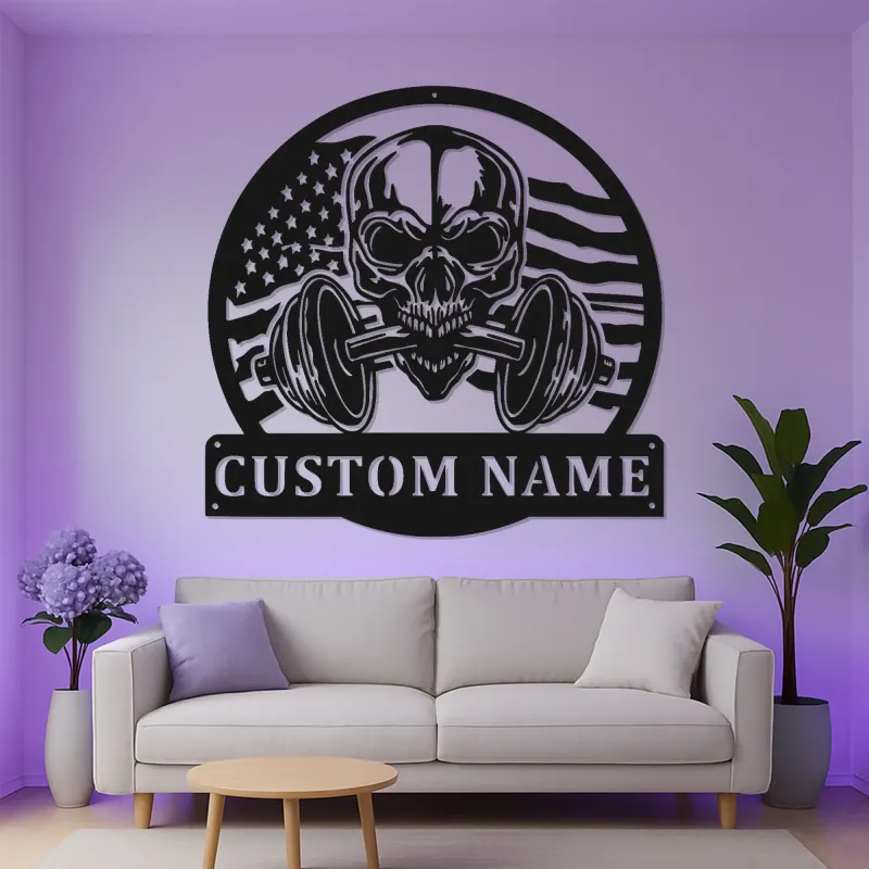 Insegna LED per palestra con teschio e manubrio | Arte murale in metallo personalizzata per home gym | Regalo per sollevatori di pesi con bandiera americana