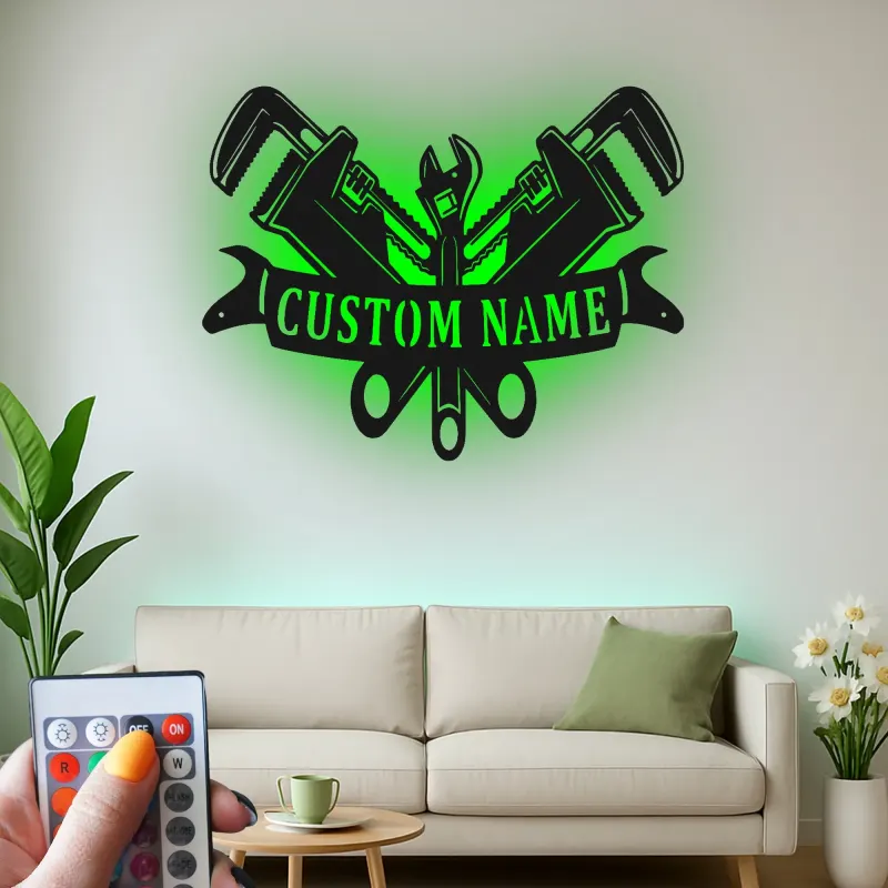 Custom Plumber LED Sign | Personalized Metal Tool Art | Workshop & Garage Decor | Pipe Wrench Wall Light