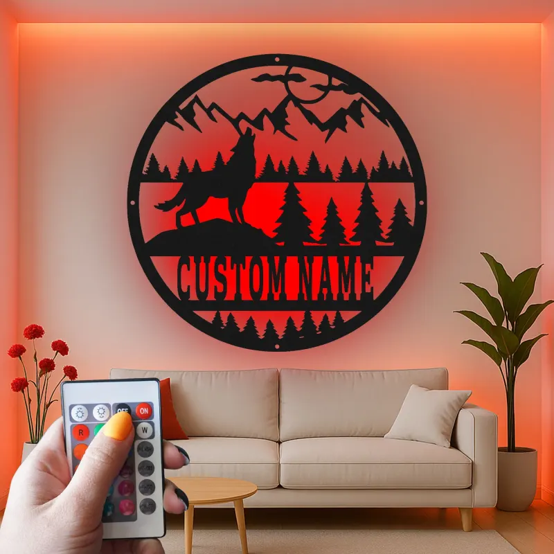 Custom Wolf Mountain Scene Led Light Metal Wall Art Personalized Gift for Nature Lovers Rustic Cabin Decor 1