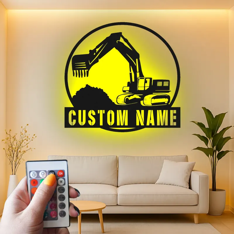 Personalisierte LED-Metall-Wandkunst mit Bagger-Motiv – Geschenk für Bauprofis, Büro oder Garage