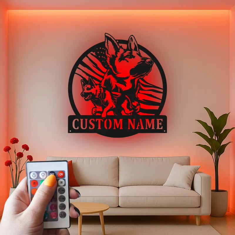 German Shepherd LED Metal Wall Art | Custom American Flag Sign | Patriotic Dog Owner Gift | Personalized Pet Decor