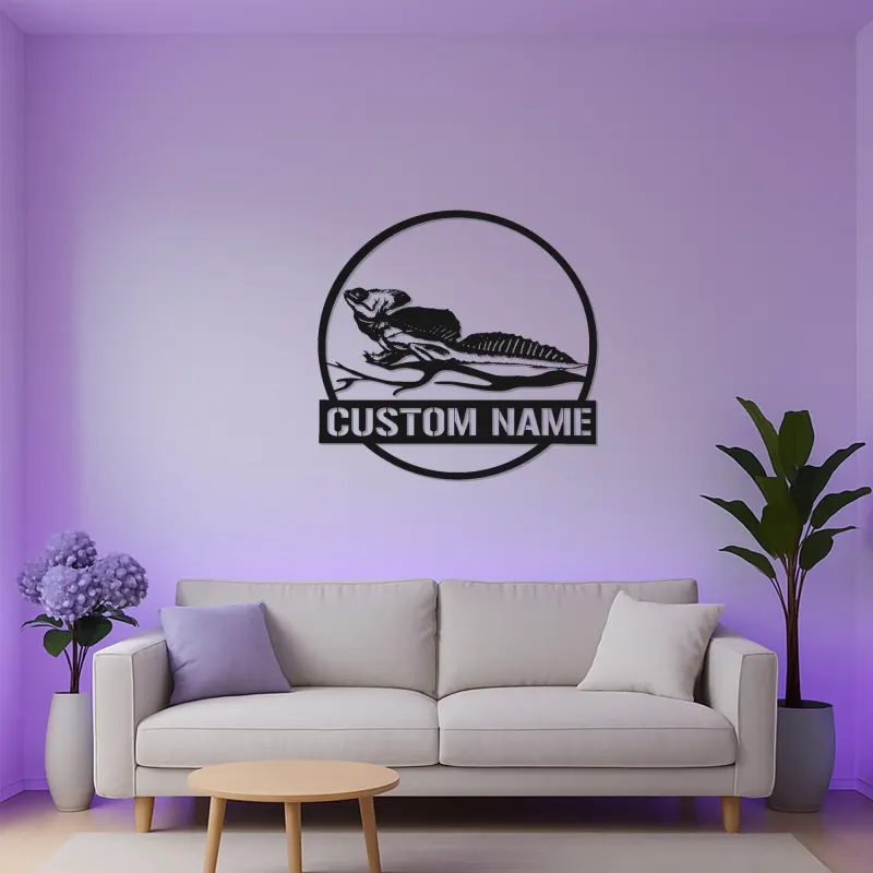 Insegna LED in metallo con lucertola dal collare | Arte murale personalizzata con nome per rettili | Decorazione con sagoma animale esotico per casa e attività
