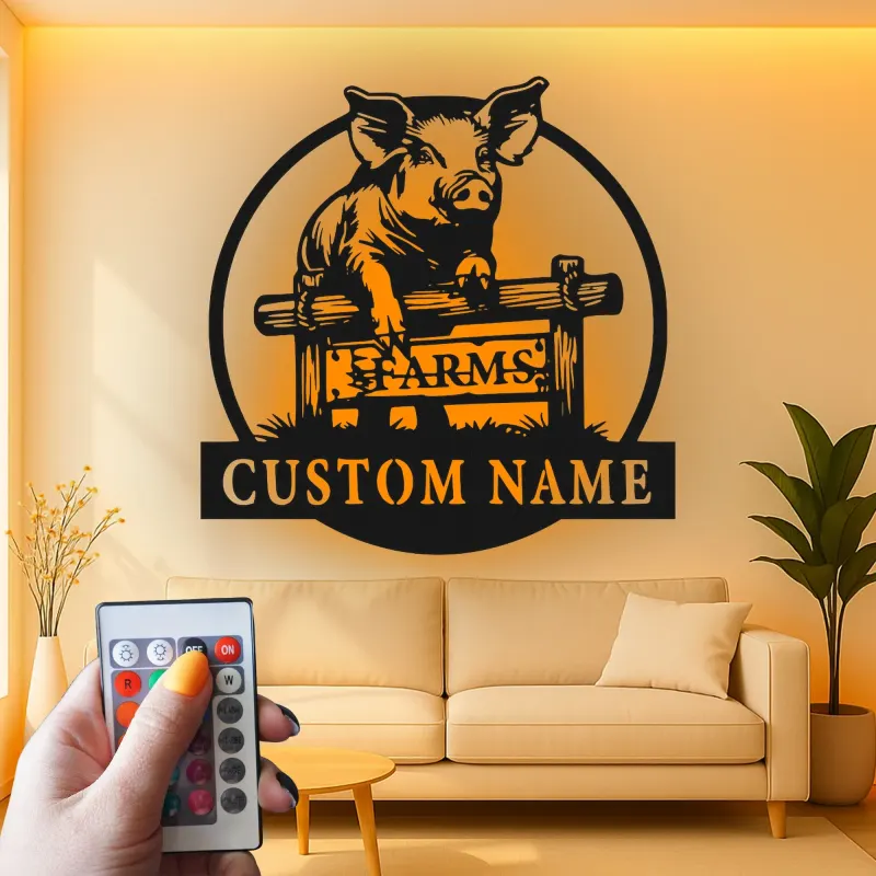Panneau de Ferme de Cochon Personnalisé | Décoration Murale en Métal LED | Cadeau pour Agriculteur et Décor Rustique de Ferme