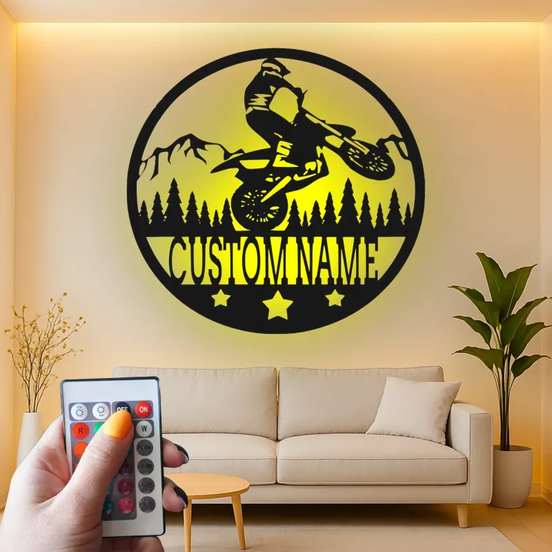 Cartel de metal LED personalizado de piloto de motocross regalo para entusiastas de motos de cross decoración de garaje o cueva de hombre 1