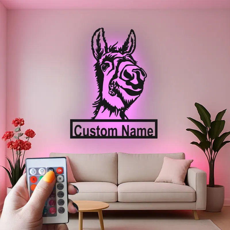 Personalisierte LED-Metall-Wandkunst mit Esel – Geschenk mit Bauernhoftier, rustikale Wohnkultur für Tierliebhaber