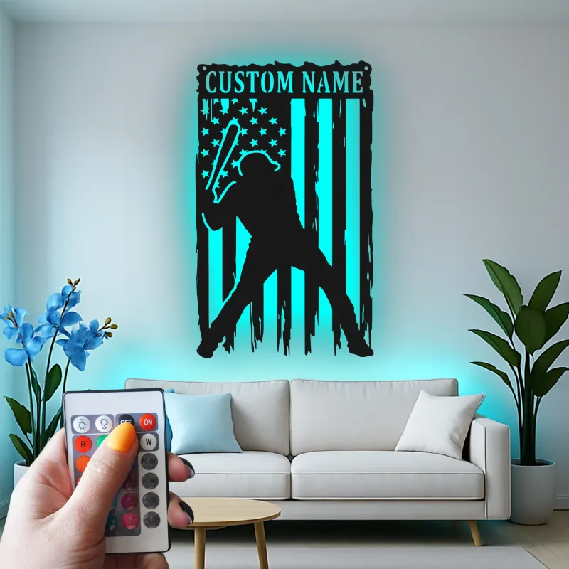 Décoration murale en métal personnalisée joueur de baseball avec rétroéclairage LED