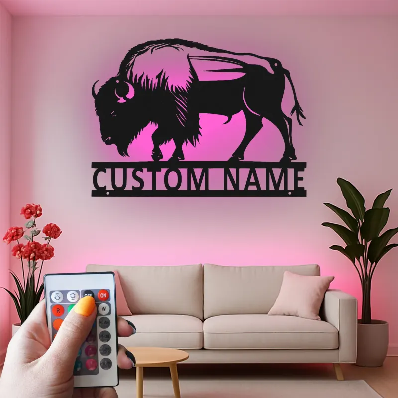Insegna in metallo LED personalizzata con bisonte - Regalo selvatico per la casa - Decorazione rustica per soggiorno
