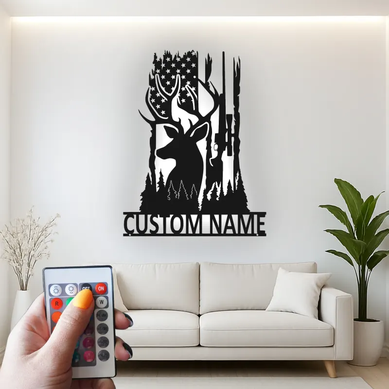 Insegna in metallo personalizzata per cacciatori di cervi con luce LED regalo personalizzato per appassionati di caccia decorazione per cabine o man cave
