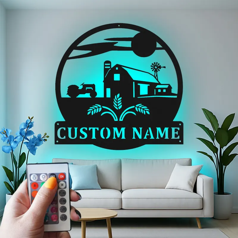 Personalized Farmhouse Sign with LED | Custom Metal Tractor Art | Rustic Ranch Name Decor | Gift for Farmer