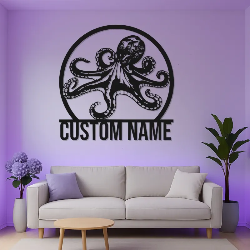 Décoration murale LED en métal pieuvre personnalisée | Plaque avec nom sur mesure | Déco nautique pour bureau et maison côtière | Cadeau pour amoureux de l’océan