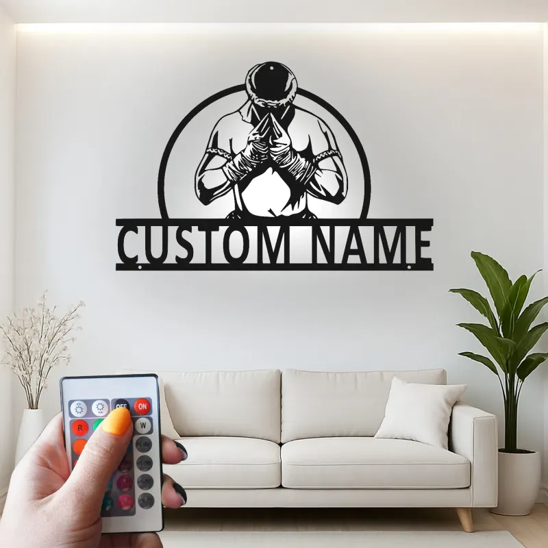 Décoration murale en métal personnalisée avec éclairage LED de combattant Muay Thai - Cadeau pour artistes martiaux, décoration de gym ou de maison