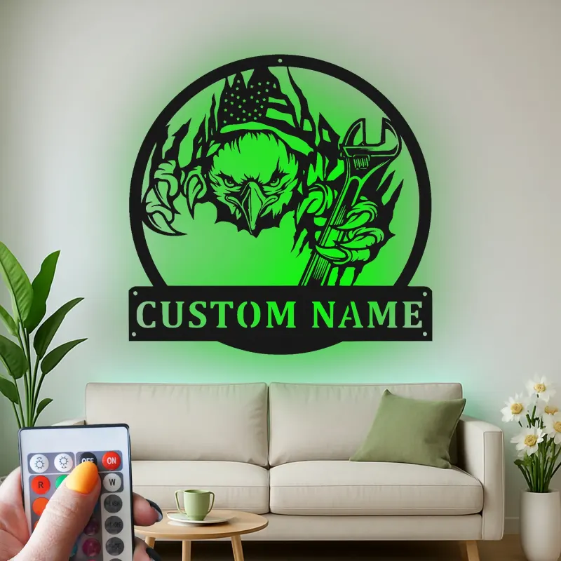 Custom Eagle with Wrench Led Light Metal Wall Art Patriotic Gift for Mechanics Garage Decor
