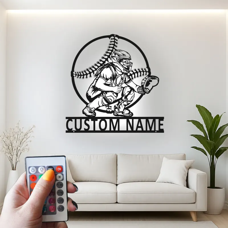 Custom Baseball Catcher Led Light Metal Wall Art Personalized Sports Gift for Baseball Fans Game Room Decor