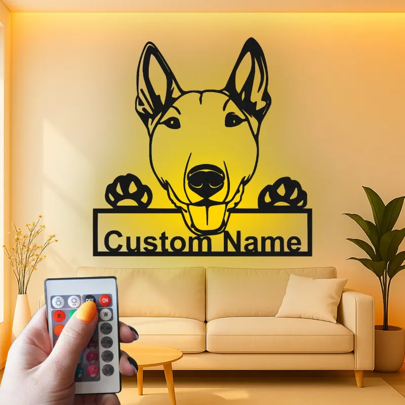 Décoration murale en métal personnalisée avec éclairage LED de Bull Terrier - Cadeau pour amoureux des chiens, décoration pour animaux de compagnie dans le salon
