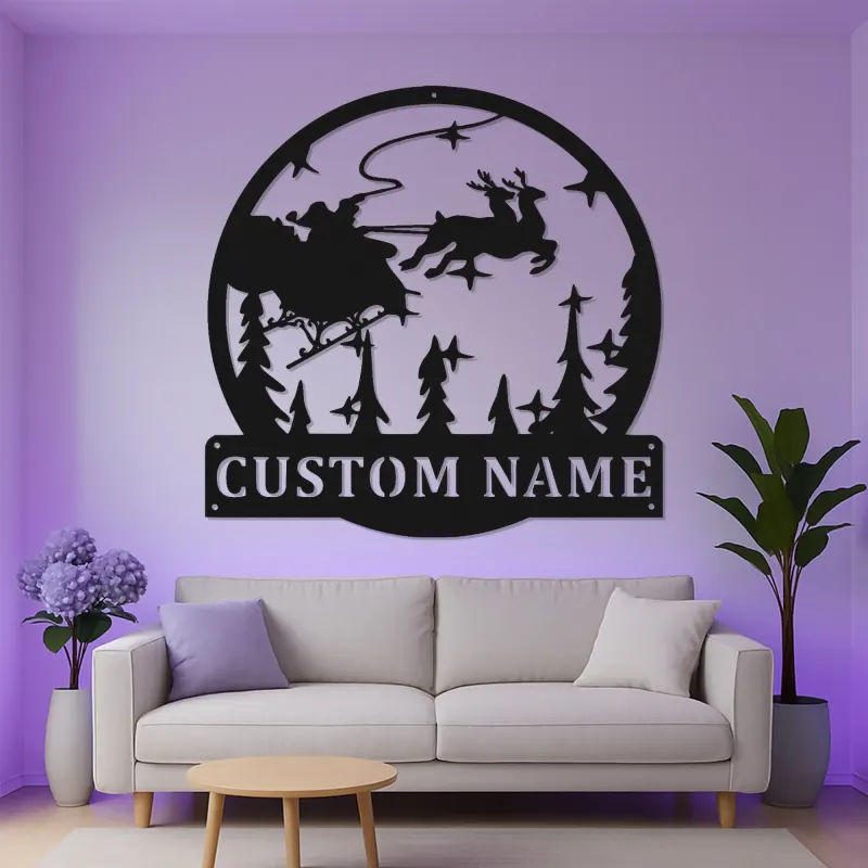 Cartel de metal personalizado de trineo de Santa | Decoración mural navideña LED | Arte navideño personalizado con nombre de familia | Silueta festiva de reno